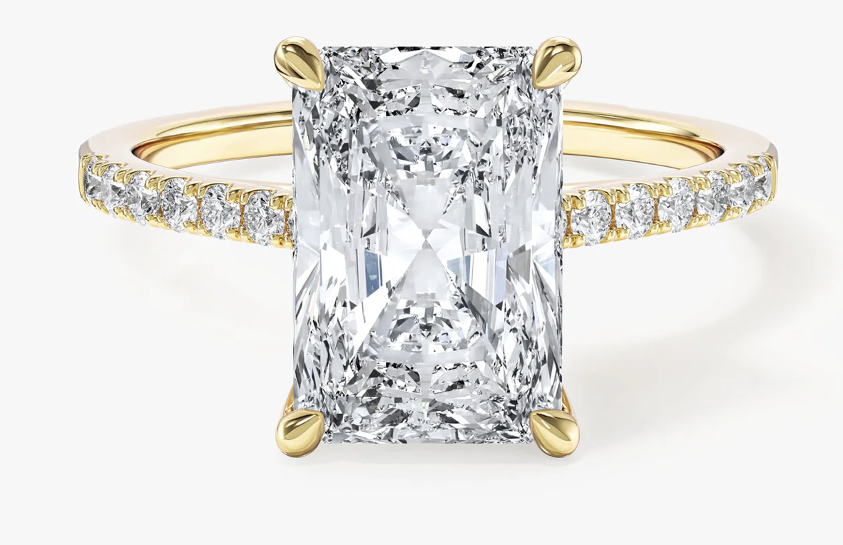 2.35ct Radiant cut Lab Grown Diamond Set in a 14kt Yellow Gold Pave setting